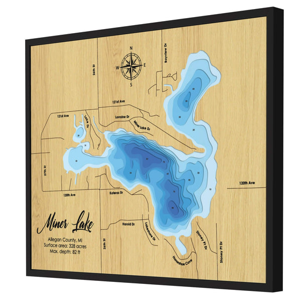 Miner Lake Map, Michigan - Personalized 3D Wooden Map - Depth Map Wall Art - Nautical Decor for Lake House