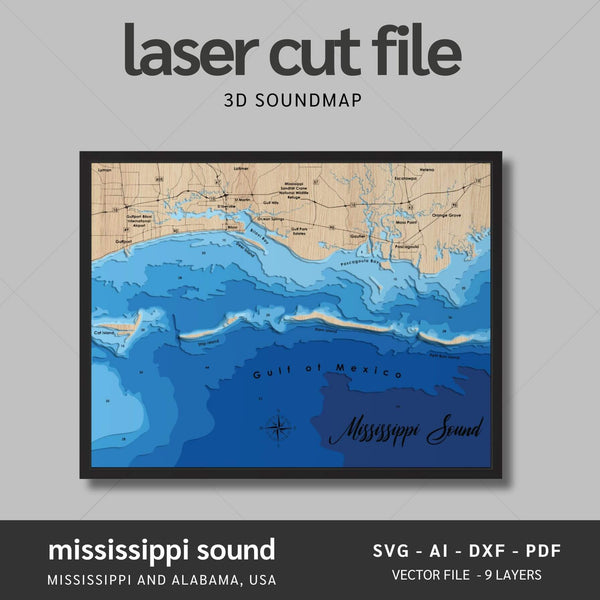 Mississippi Sound Laser Map Files - 9 Layers - Svg/Ai/Dxf/Pdf