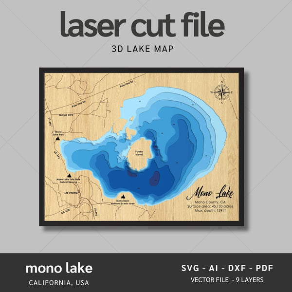 Mono Lake, California Laser Map Files - 9 Layers - Svg/Ai/Dxf/Pdf