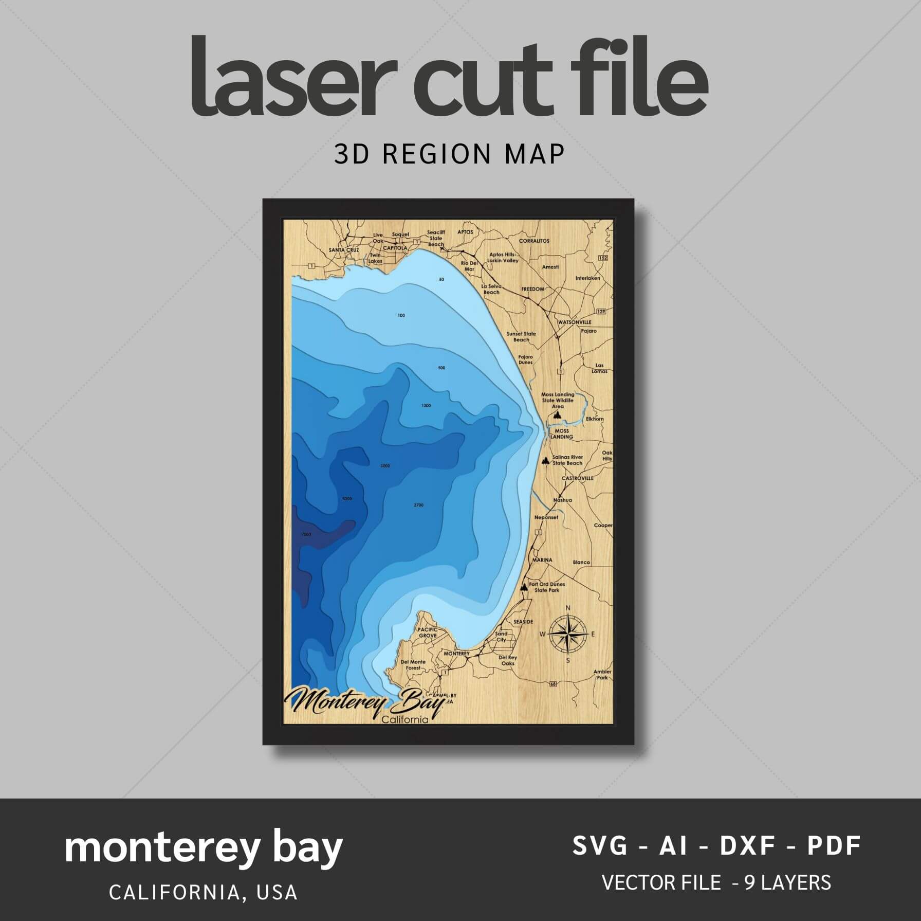 Monterey Bay, California Laser Map Files - 9 Layers - Svg/Ai/Dxf/Pdf ...