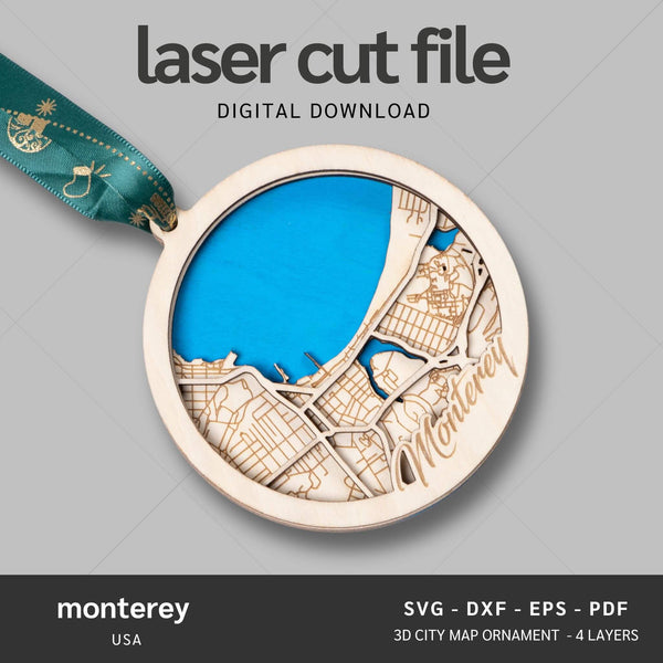 Monterey, California USA City Map Ornaments Files - 4 Layers - Svg/Ai/Dxf/Pdf