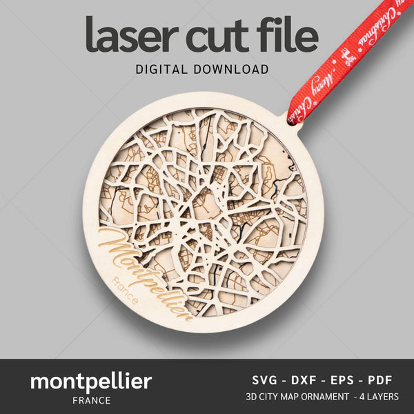 Montpellier, France City Map Ornaments Files - 4 Layers - Svg/Ai/Dxf/Pdf