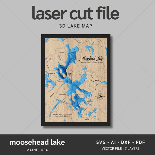 Moosehead Lake, Maine Laser Map Files - 7 Layers - Svg/Ai/Dxf/Pdf