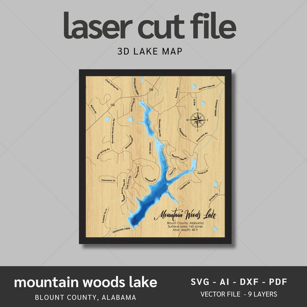 Mountain Woods Lake, Alabama Laser Map Files - 9 Layers - Svg/Ai/Dxf/Pdf