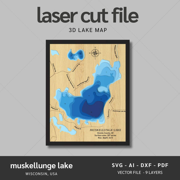 Muskellunge Lake, Wisconsin Laser Map Files - 9 Layers - Svg/Ai/Dxf/Pdf