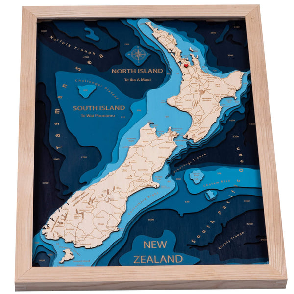 New Zealand 3D Wooden Map – Dark Blue - Natural – 7 Layers