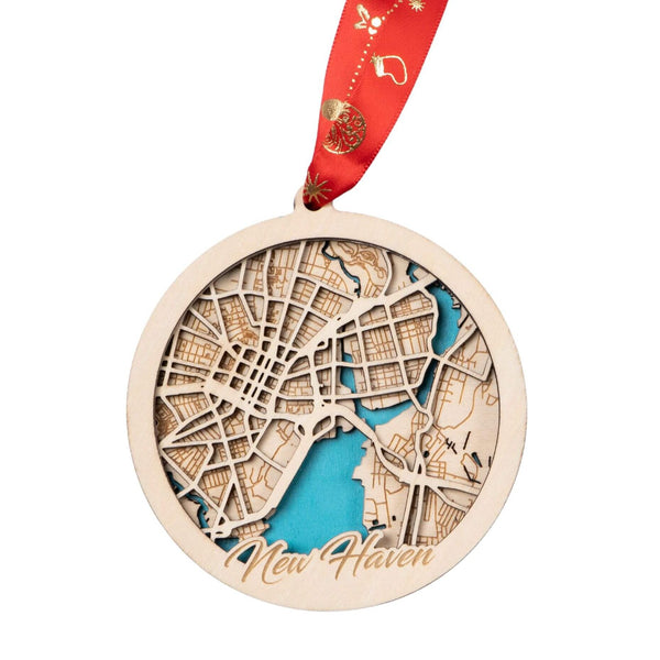 New Haven, Connecticut USA 3D Wooden City Map Ornament – 4.5’’x4’’ - Blue