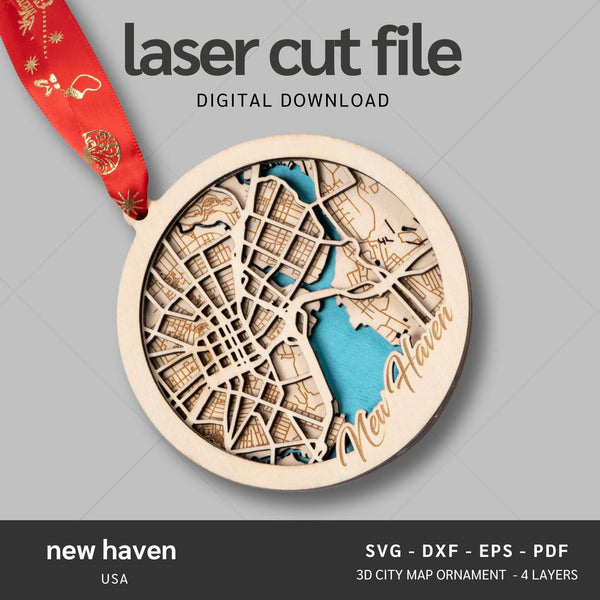 New Haven, Connecticut USA City Map Ornaments Files - 4 Layers - Svg/Ai/Dxf/Pdf