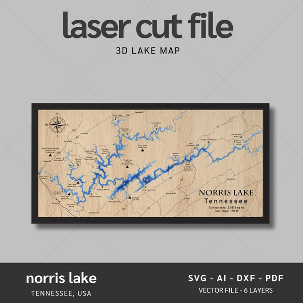 Norris Lake, Tennessee Laser Map Files - 6 Layers - Svg/Ai/Dxf/Pdf