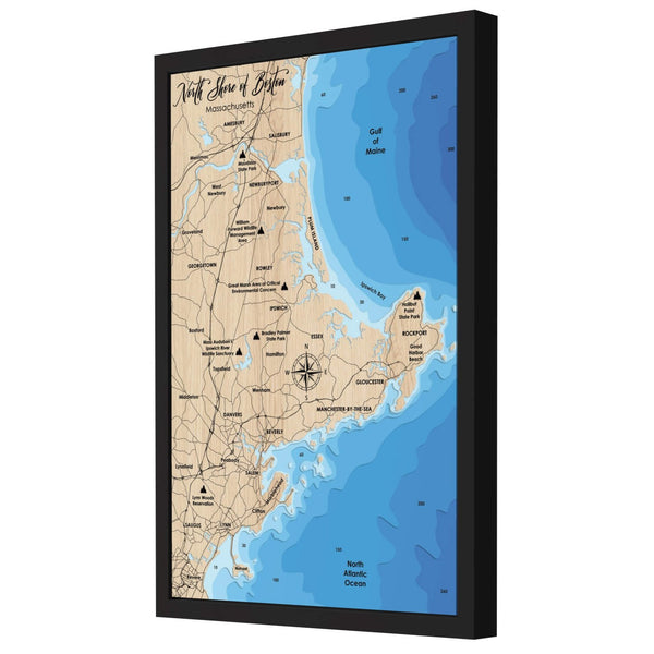 North Shore of Boston Map, Massachusetts - Personalized Wood Map - Depth Map Wall Art - Gifts for Lake House