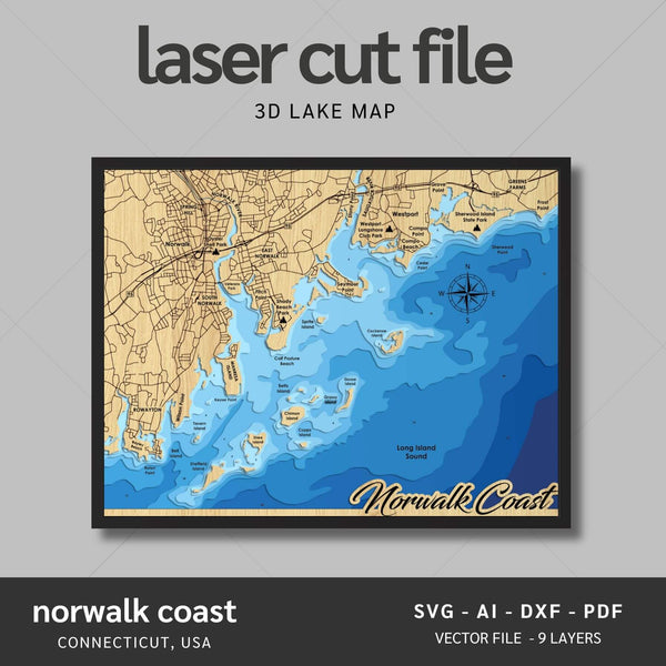 Norwalk Coast, Connecticut Laser Map Files - 9 Layers - Svg/Ai/Dxf/Pdf