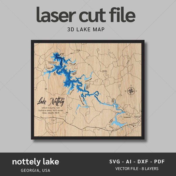 Nottely Lake, Georgia Laser Map Files - 8 Layers - Svg/Ai/Dxf/Pdf