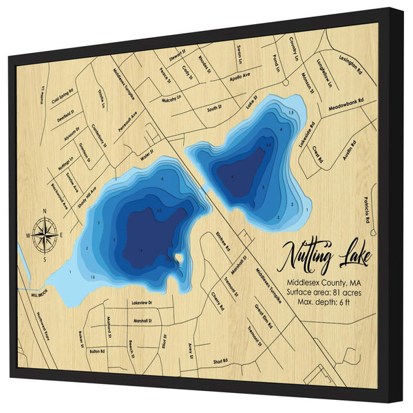 Nutting Lake Map, Massachusetts - Personalized Wood Map - Depth Map Wall Art - Nautical Decor for Lake House