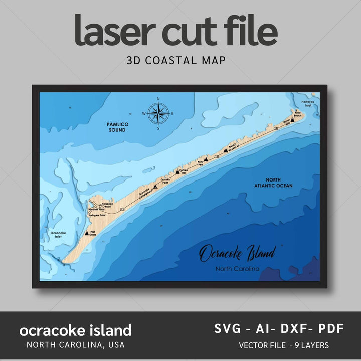 Intricate OCracoke Island 3D Laser Cut Map Files with personalization options, presented by Moc Tho