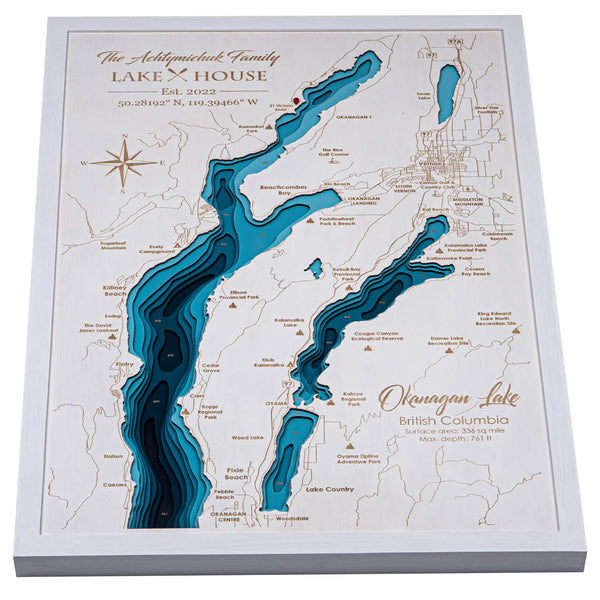 Okanagan Lake 3D Wooden Map - Teal - White - 9 Layers