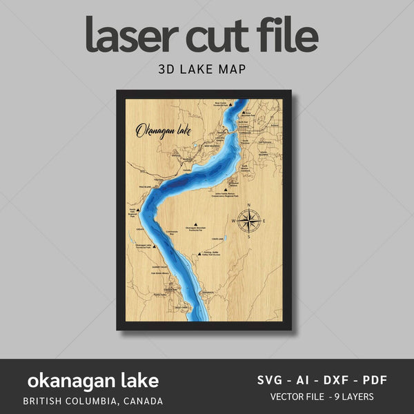 Okanagan Lake, British Columbia Laser Map Files - 9 Layers - Svg/Ai/Dxf/Pdf