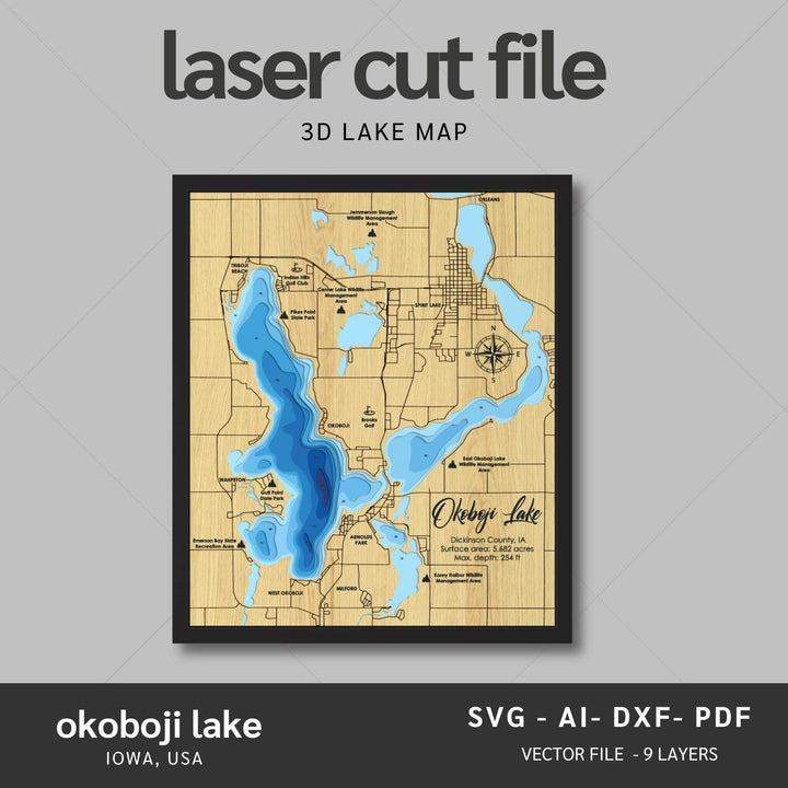 Intricate Okoboji Lake 3D Laser Cut Map Files with personalization options, presented by Moc Tho