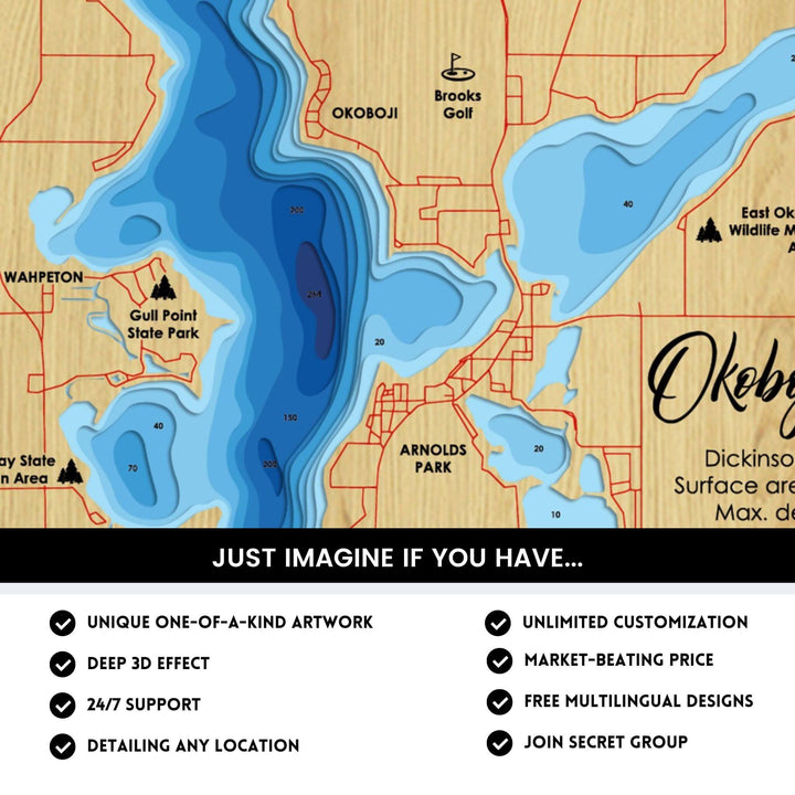 Details of Okoboji Lake 3D Depth Map FIles, unique wall art, deep effect, unlimited customization