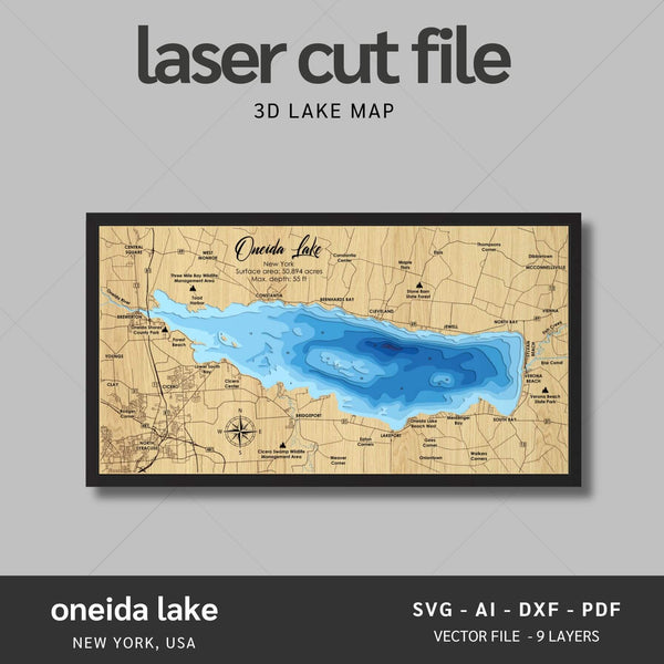 Oneida Lake, New York Laser Map Files - 9 Layers - Svg/Ai/Dxf/Pdf