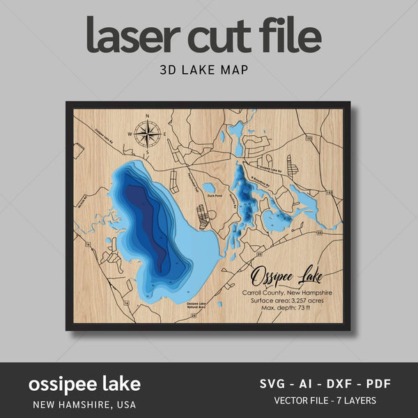 Ossipee Lake, New Hampshire Laser Map Files - 7 Layers - Svg/Ai/Dxf/Pdf