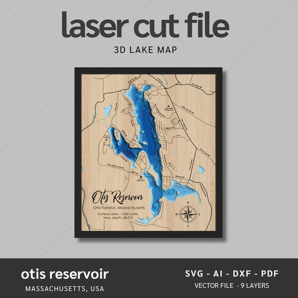 Otis Reservoir, Massachusetts Laser Map Files - 9 Layers - Svg/Ai/Dxf/Pdf