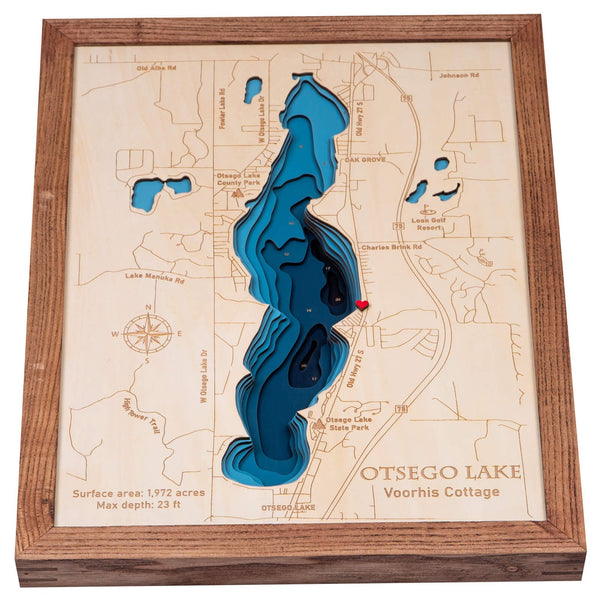 Otsego Lake 3D Wooden Map - Dark Blue - 9 Layers