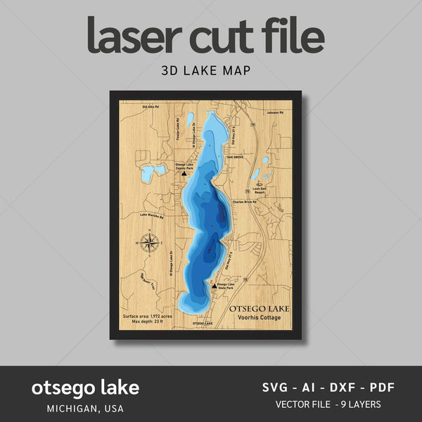 Otsego Lake, New York Laser Map Files - 9 Layers - Svg/Ai/Dxf/Pdf