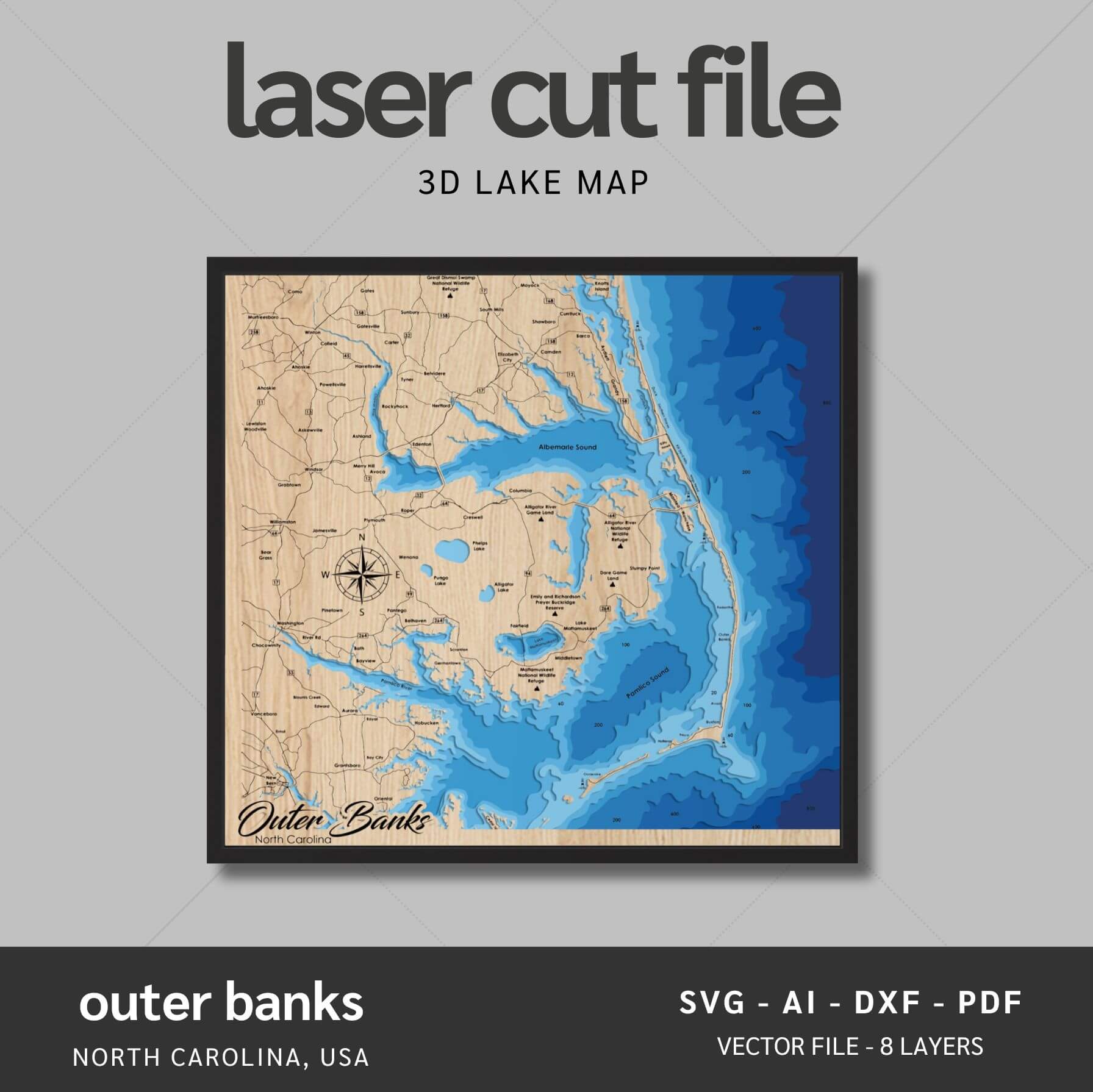 Outer Banks, North Carolina Laser Map Files -8 Layers - Svg/Ai/Dxf/Pdf ...