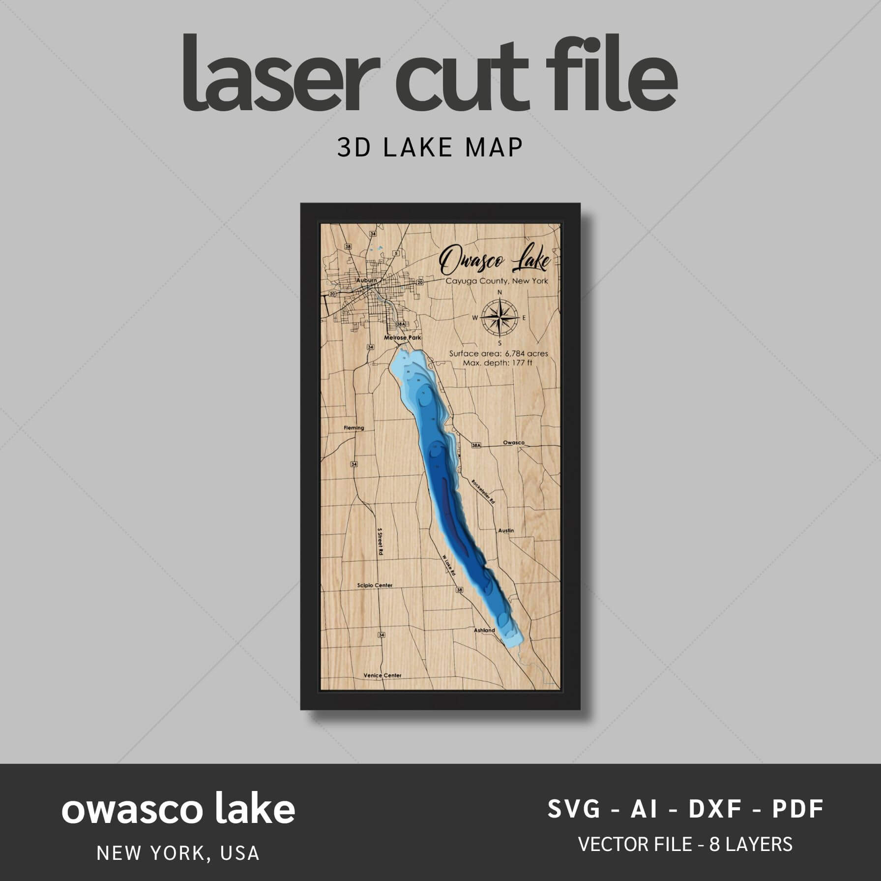 Owasco Lake, New York Laser Map Files - 8 Layers - Svg/Ai/Dxf/Pdf – Moc Tho