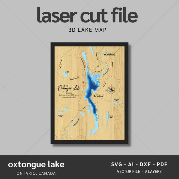 Oxtongue Lake, Ontario Laser Map Files - 9 Layers - Svg/Ai/Dxf/Pdf