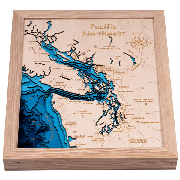 Pacific Northwest 3D Wooden Map – Dark Blue – 10 Layers