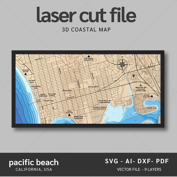 Intricate Pacific Beach 3D Laser Cut Map Files with personalization options, presented by Moc Tho