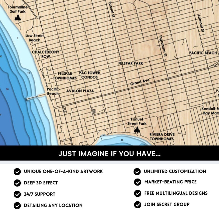 Details of Pacific Beach 3D Depth Map FIles, unique wall art, deep effect, unlimited customization
