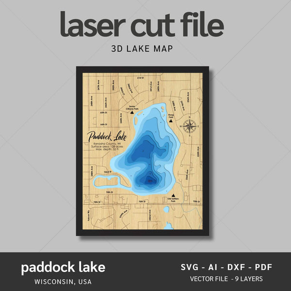 Paddock Lake, Wisconsin Laser Map Files - 9 Layers - Svg/Ai/Dxf/Pdf