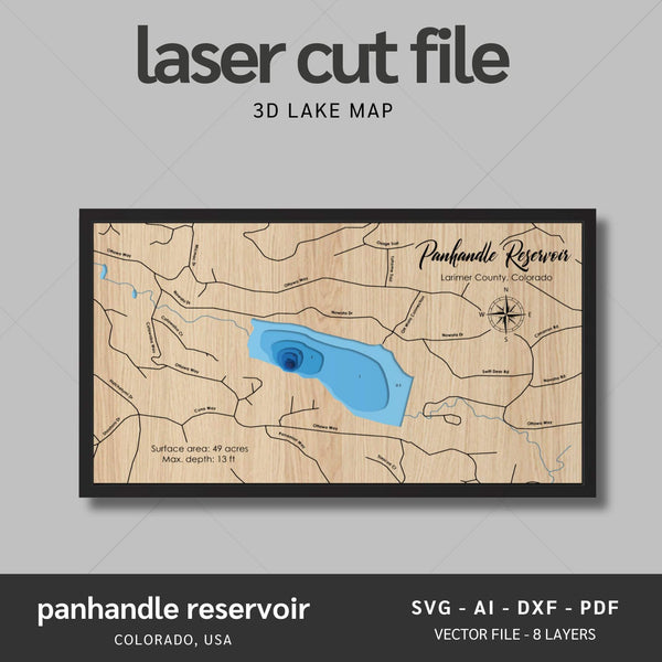 Panhandle Reservoir, Colorado Laser Map Files - 8 Layers - Svg/Ai/Dxf/Pdf