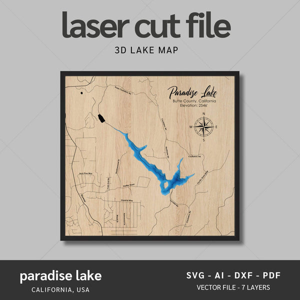 Paradise Lake, California Laser Map Files - 7 Layers - Svg/Ai/Dxf/Pdf