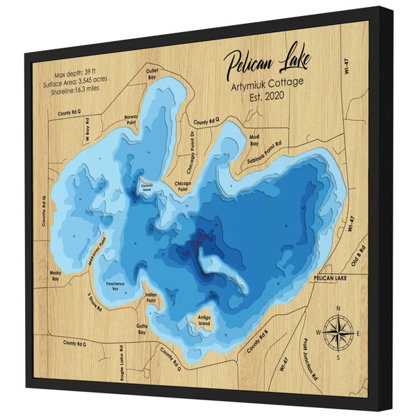 Pelican Lake, WI 3D Wooden Map - Blue – 9 Layers