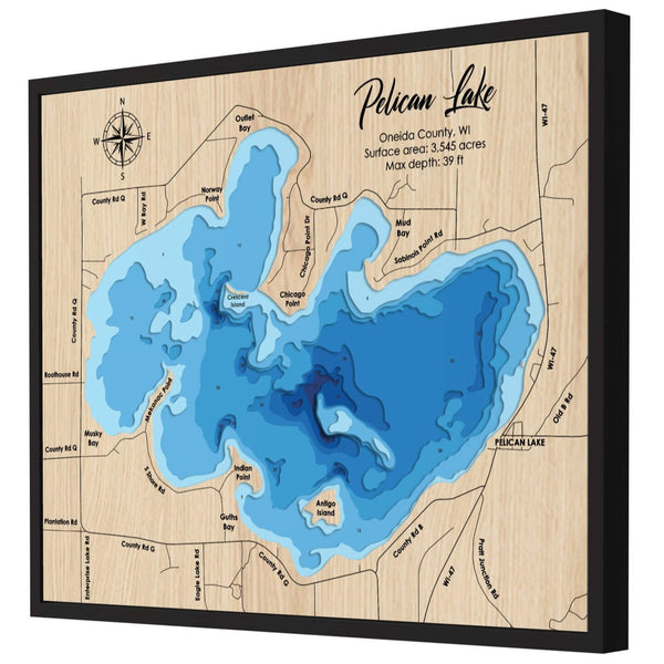 Pelican Lake Map, Wisconsin - Personalized 3D Wooden Map - Depth Map Wall Art - Nautical Decor for Lake House