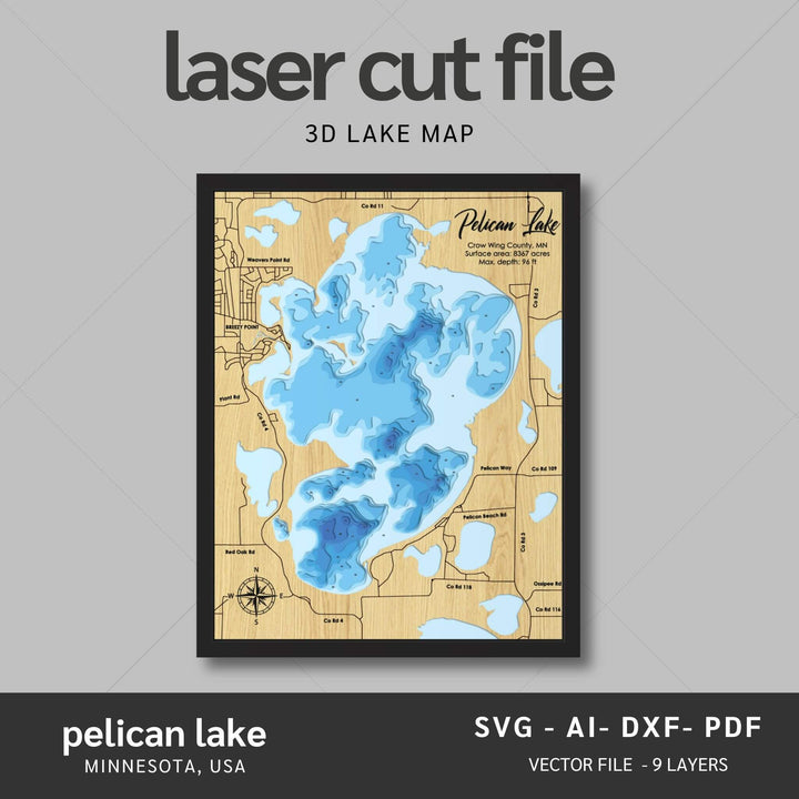 Intricate Pelican Lake 3D Laser Cut Map Files with personalization options, presented by Moc Tho