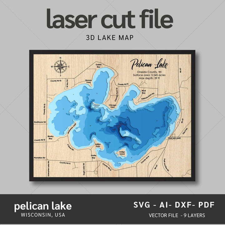 Intricate Pelican Lake 3D Laser Cut Map Files with personalization options, presented by Moc Tho