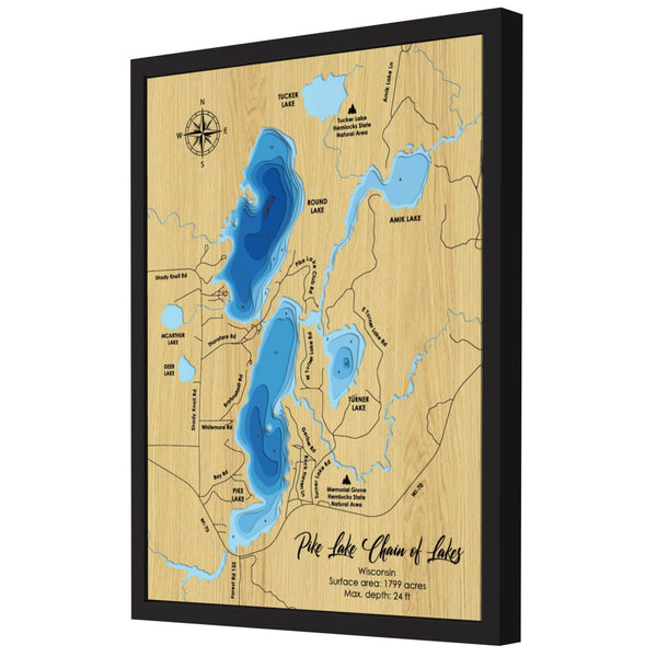 Pike Lake Chain of Lakes Map, Wisconsin - Personalized Wood Map - Depth Map Wall Art - Gifts for Lake House