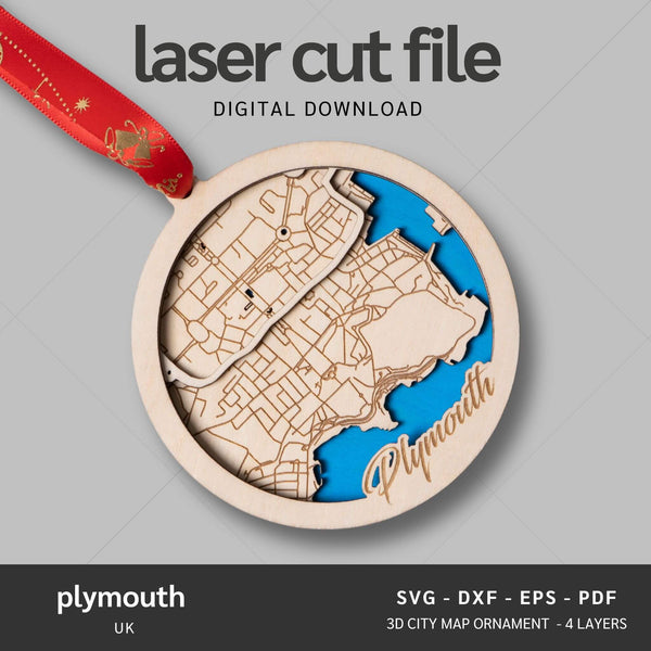 Plymouth, UK City Map Ornaments Files - 4 Layers - Svg/Ai/Dxf/Pdf