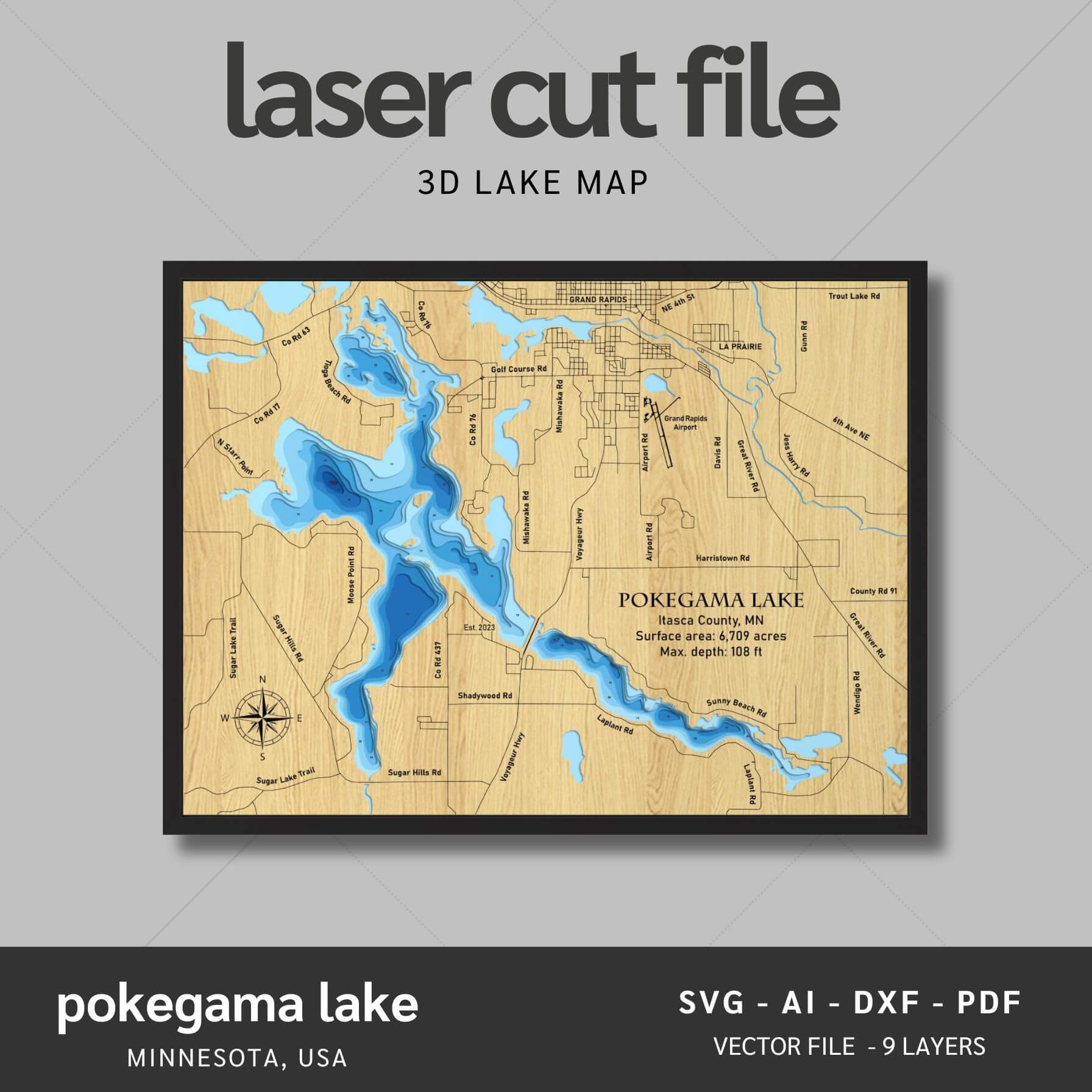 Pokegama Lake, Minnesota Laser Map Files - 9 Layers - Svg/Ai/Dxf/Pdf ...