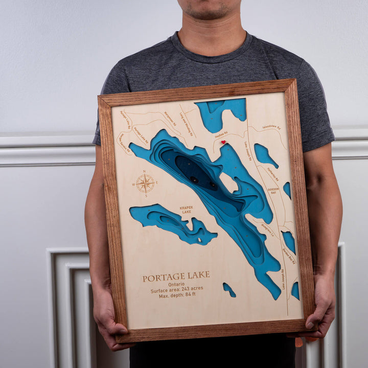 Moc Tho's actual size of Portage Lake personalized 3d wood map . perfect gift for your lake house