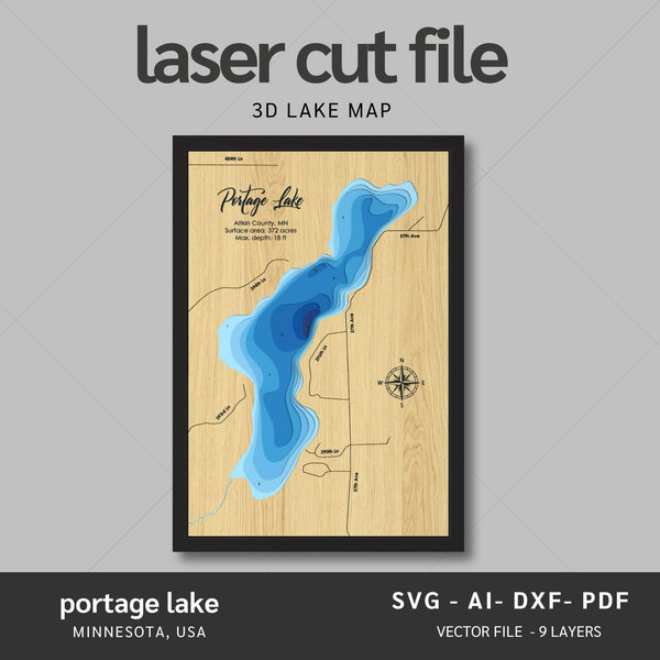 Intricate Portage Lake 3D Laser Cut Map Files with personalization options, presented by Moc Tho