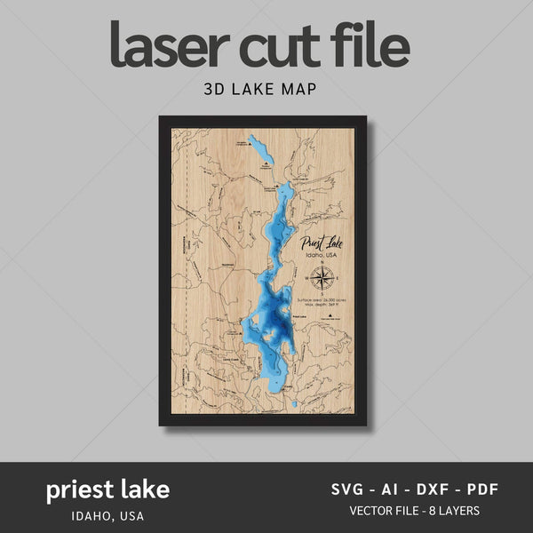 Priest Lake, Idaho Laser Map Files - 8 Layers - Svg/Ai/Dxf/Pdf