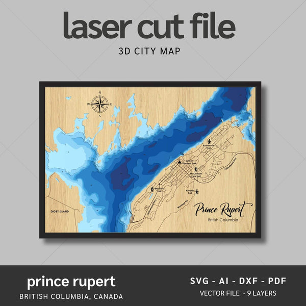 Prince Rupert, Canada Laser Map Files - 9 Layers - Svg/Ai/Dxf/Pdf