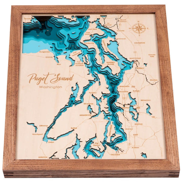 Puget Sound 3D Wooden Map - Dark Blue - 7 Layers