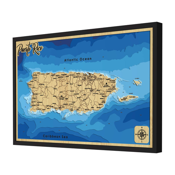 Puerto Rico Map, Atlantic Ocean - Personalized Wood Map - Depth Map Wall Art - Nautical Decor for Lake House