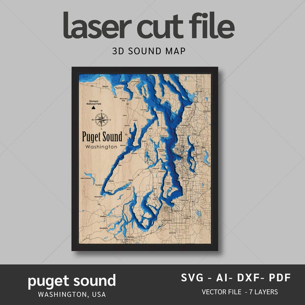 Puget Sound, Washington Laser Map Files - 7 Layers - Svg/Ai/Dxf/Pdf